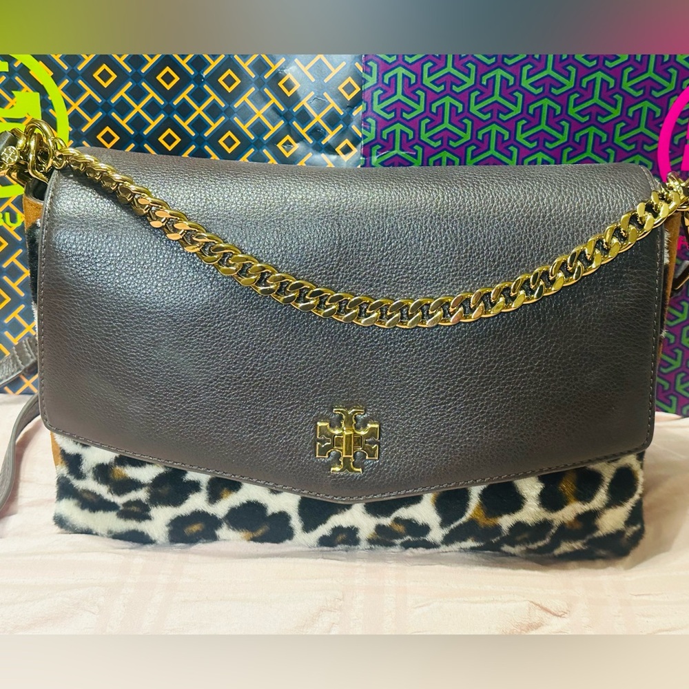 Tory Burch Dark Brown and Gold Chain Cheetah Shoulder Bag